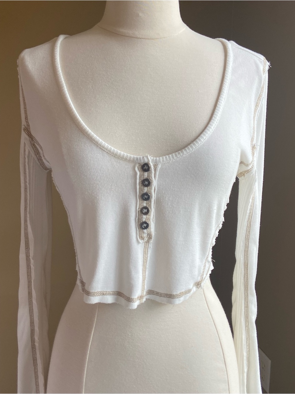 POL Cropped Long Sleeve Henley Top with Contrast Stitching- Small, Festival